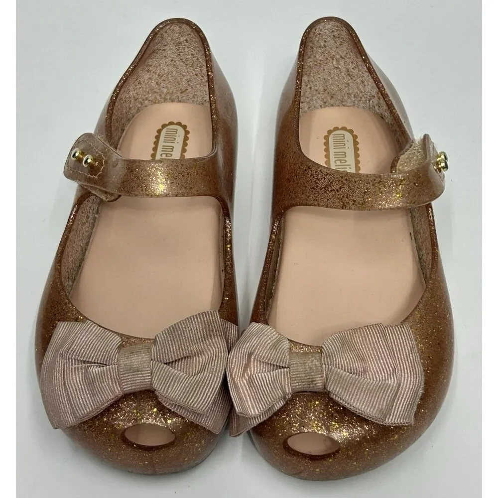 Mini Melissa Ultragirl Bow Shoes Size 9 Rose Gold Glittery Maryjane Flats Jelly